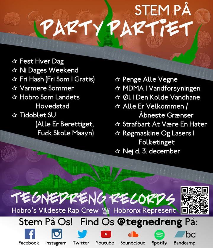 Valgplakat fra den korte periode, hvor gruppen forvandledes til den politiske bevægelse “Party Partiet”. Foto: Tegnedreng Records.